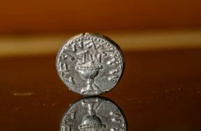 The silver coin with a cup with the caption: ''Israel Shekel'' and the letters: Shin and Bet (second year of the Great Revolt). (credit: ELIYAHU YANAI/CITY OF DAVID)